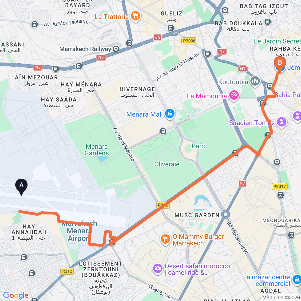 Carte du trajet routier de Marrakech Airport à Place Jemaa el-Fna