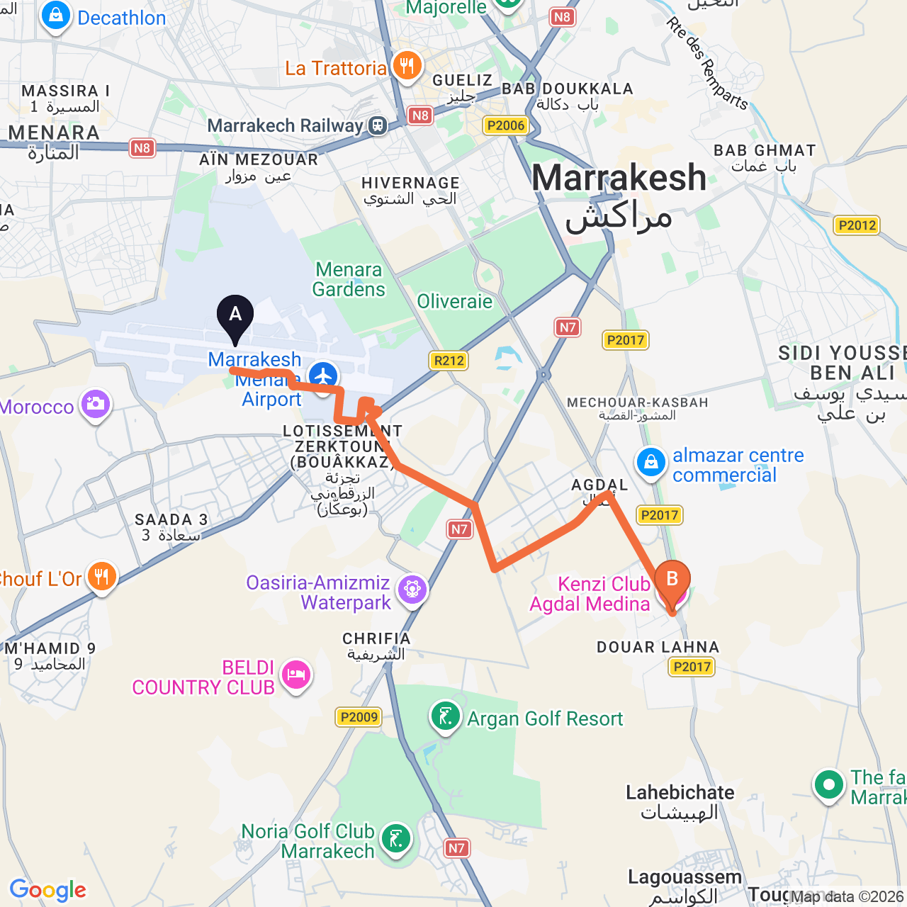 Carte du trajet routier de Marrakech Airport à Kenzi Club Agdal Medina