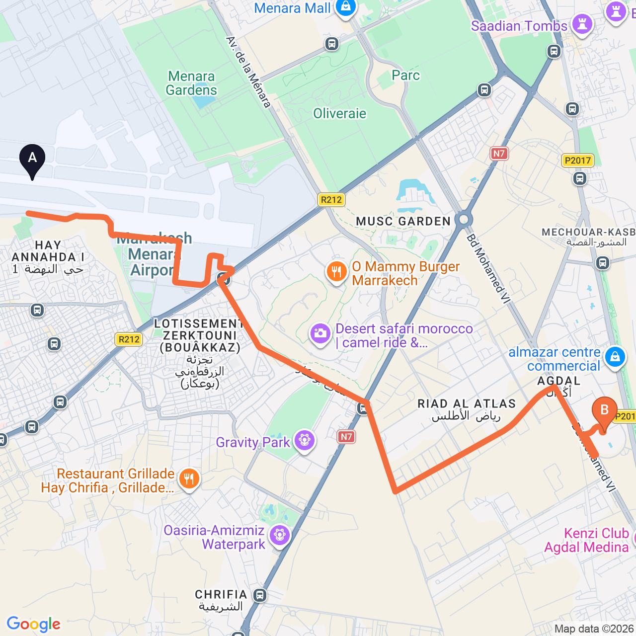 Carte du trajet routier de Marrakech Airport à Kenzi Menara Palace