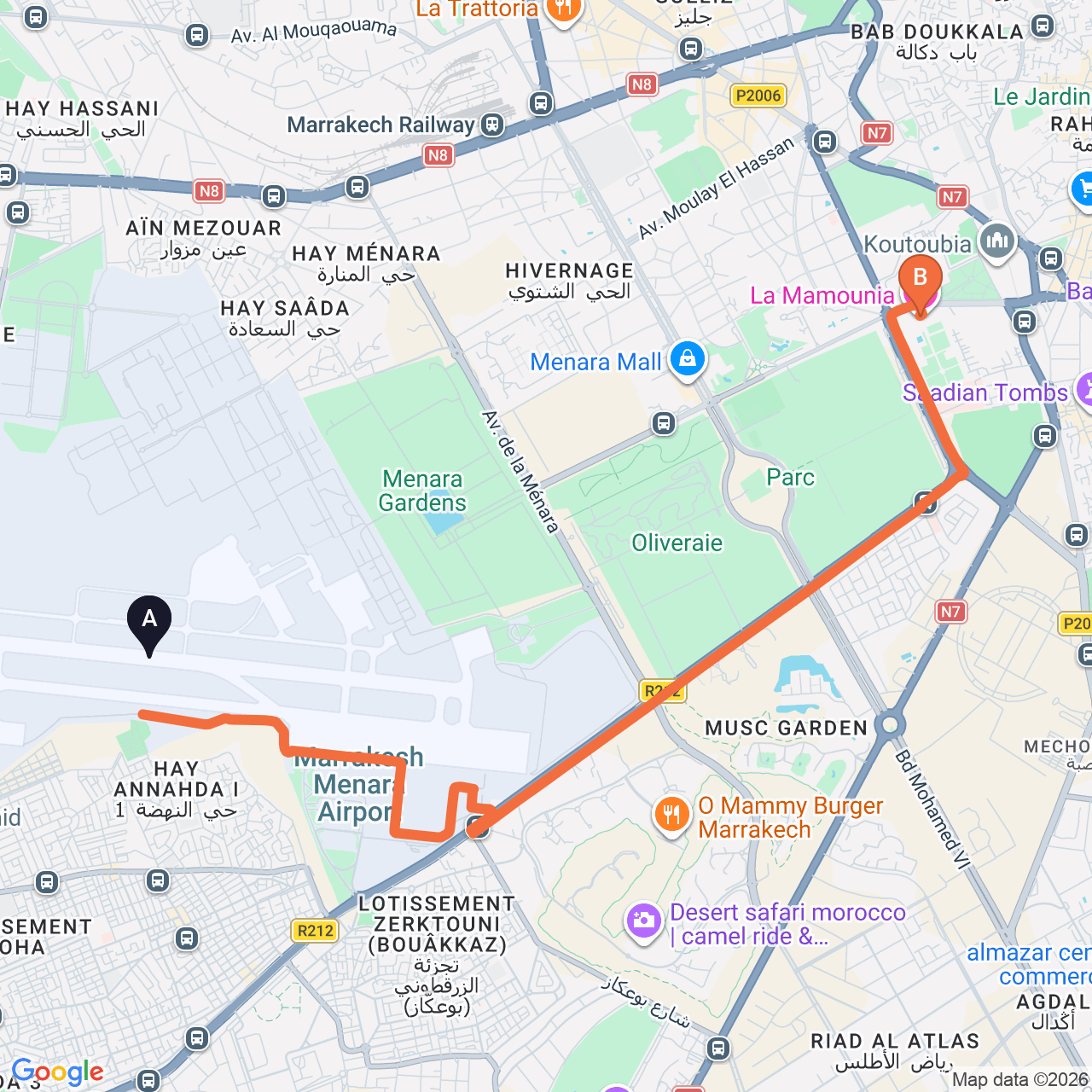 Carte du trajet routier de Marrakech Airport à La Mamounia