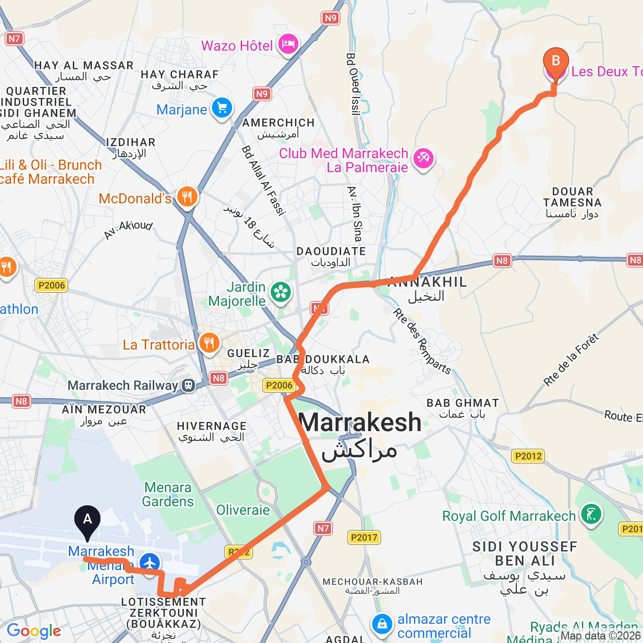 Carte du trajet routier de Marrakech Airport à Les Deux Tours