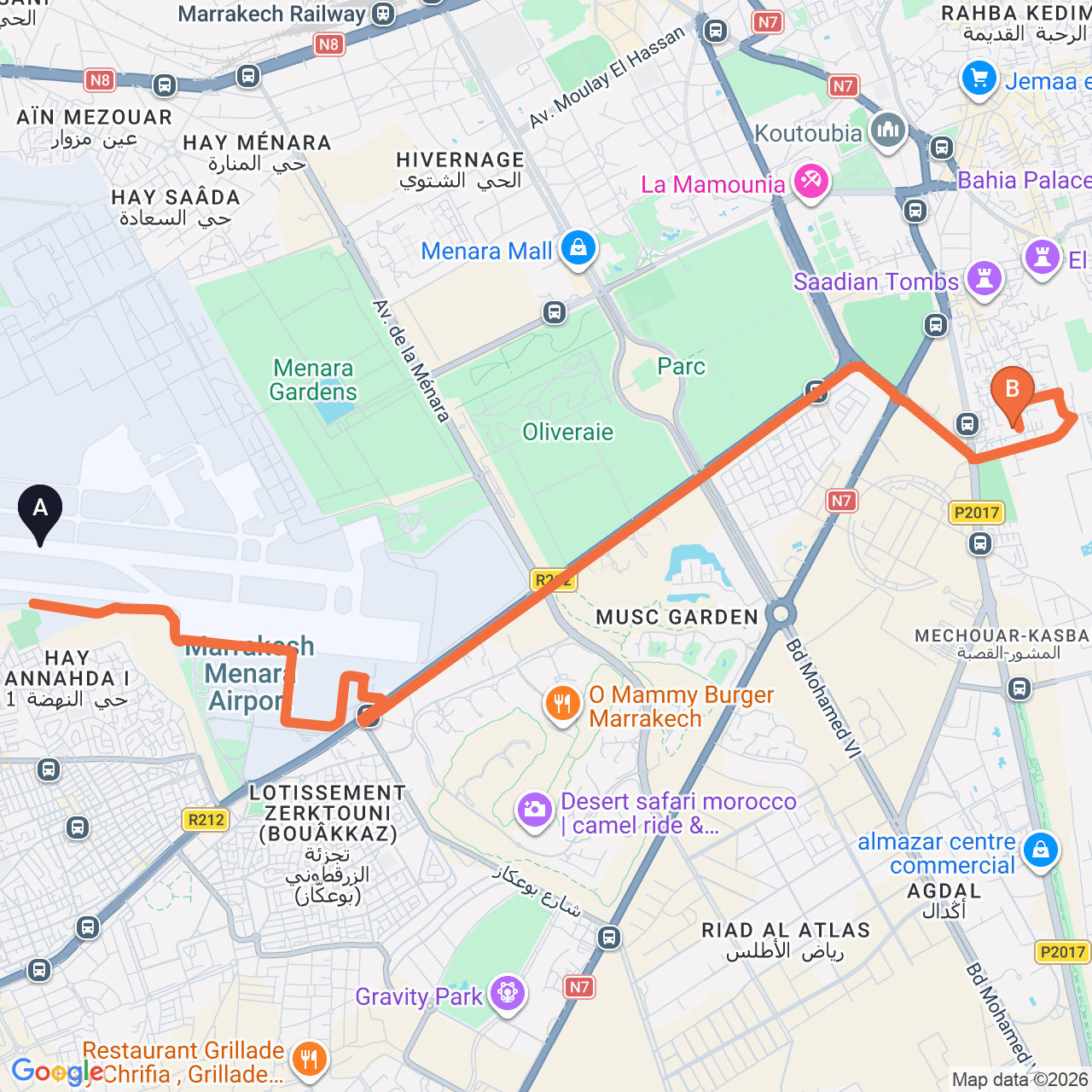 Carte du trajet routier de Marrakech Airport à Les Jardins de la Médina