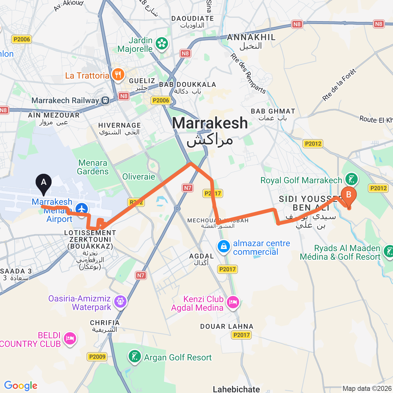 Carte du trajet routier de Marrakech Airport à Mandarin Oriental Marrakech