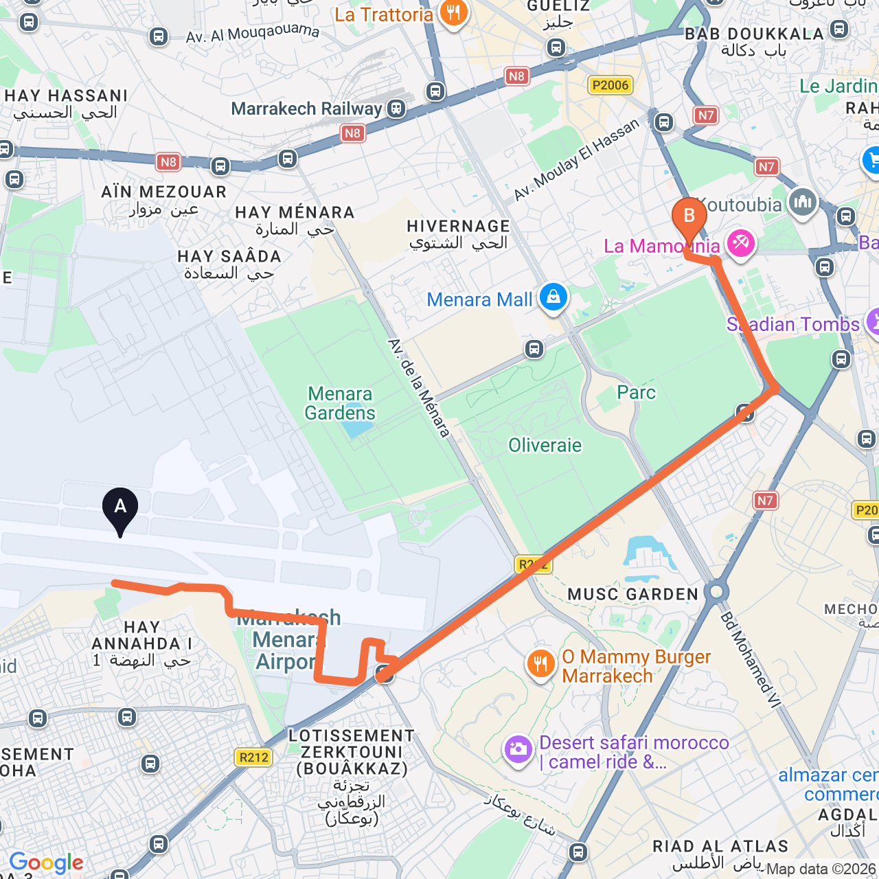 Carte du trajet routier de Marrakech Airport à Nobu Hotel Marrakech