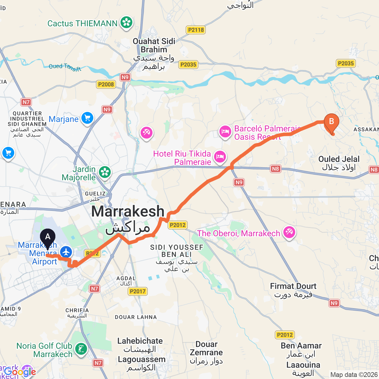 Carte du trajet routier de Marrakech Airport à Palais Namaskar