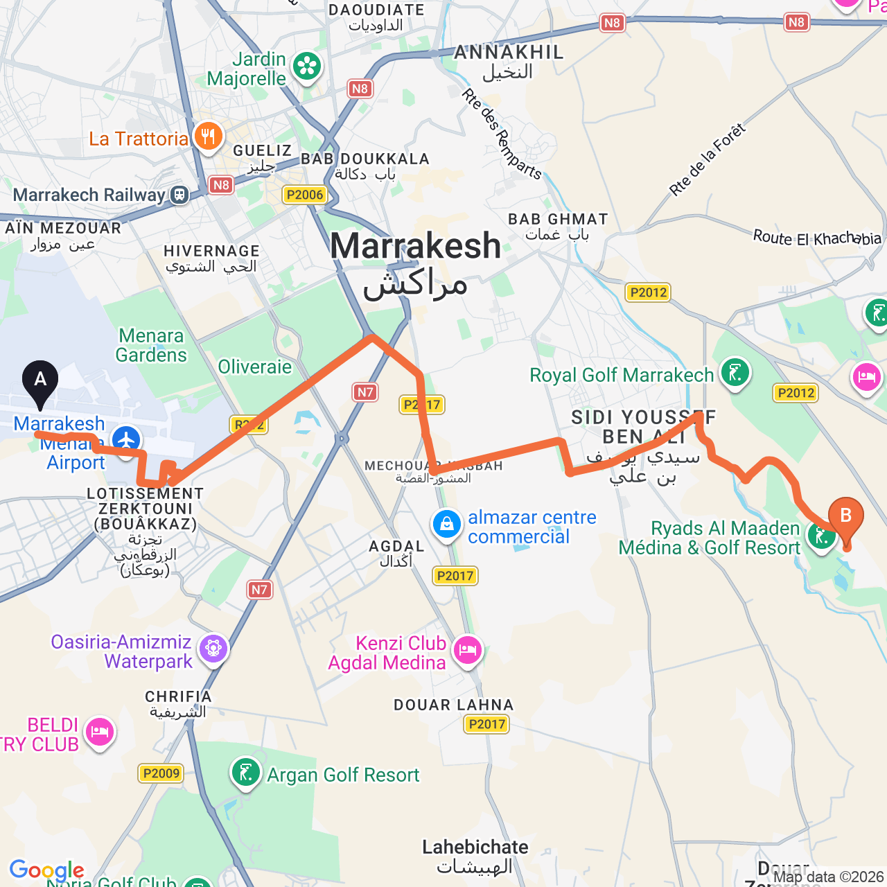 Carte du trajet routier de Marrakech Airport à Park Hyatt Marrakech