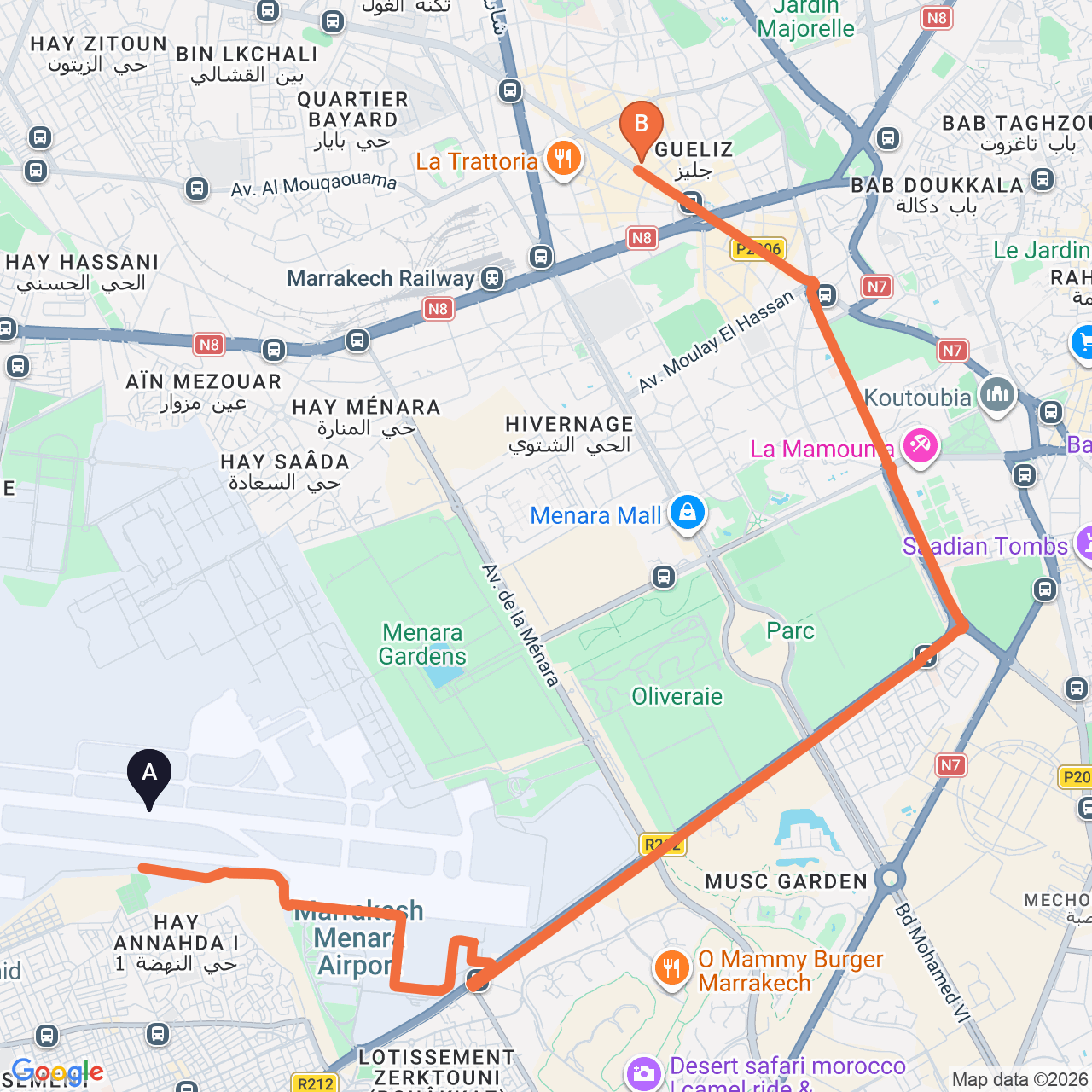 Carte du trajet routier de Marrakech Airport à Radisson Blu Carré Eden