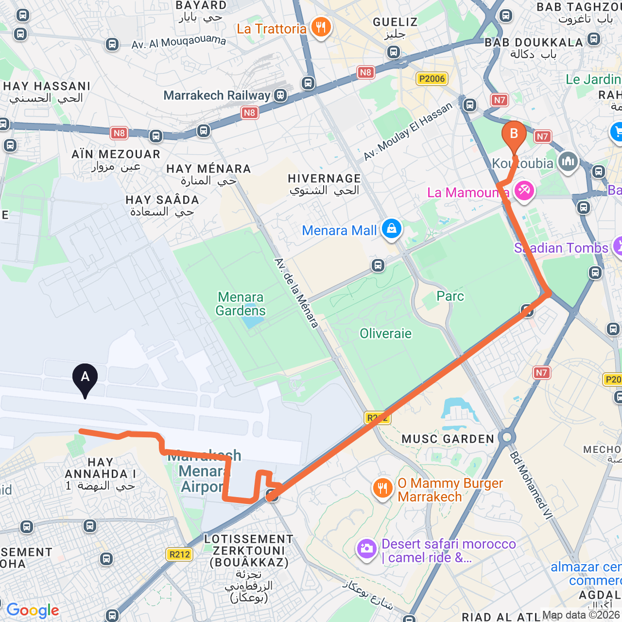 Carte du trajet routier de Marrakech Airport à Royal Mansour