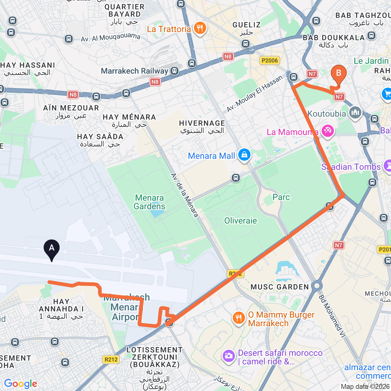 Carte du trajet routier de Marrakech Airport à TUI BLUE Medina Gardens