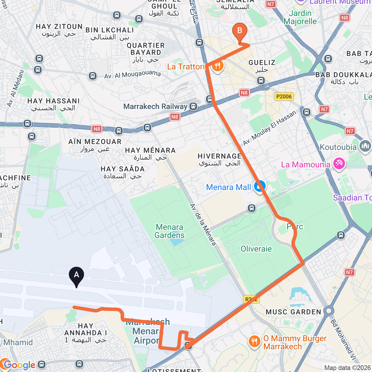 Carte du trajet routier de Marrakech Airport à YAAD City Hotel