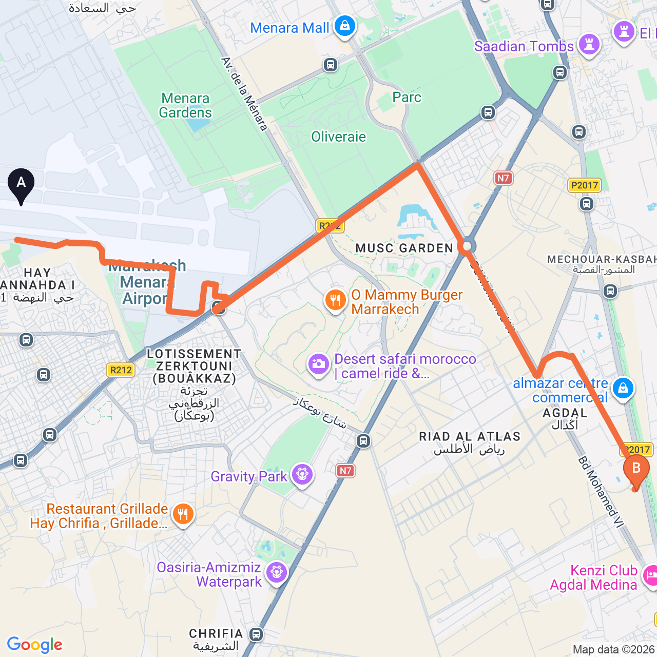 Carte du trajet routier de Marrakech Airport à Zalagh Kasbah Hotel & Spa